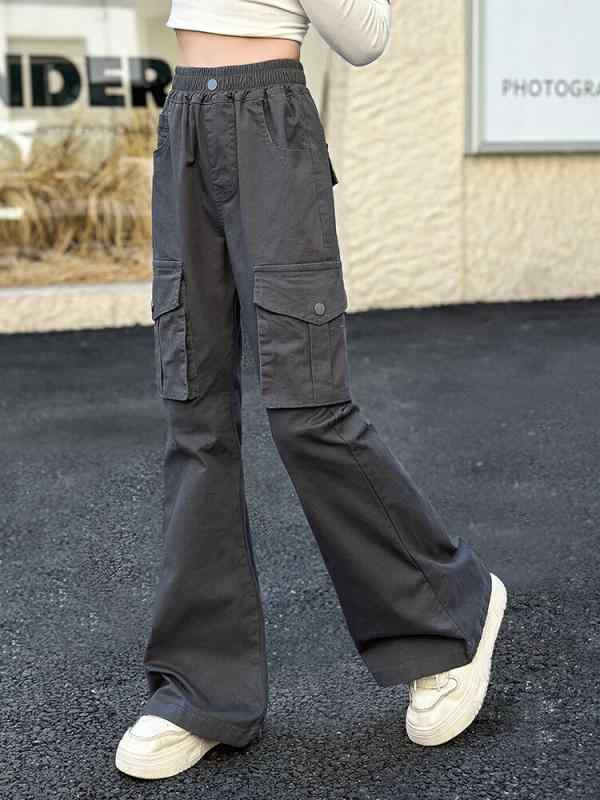 パンツ 女の子 カーゴパンツ フレアパンツ ウエストゴム 無地 コットン100% 小学生 中学生 通学着 おし..