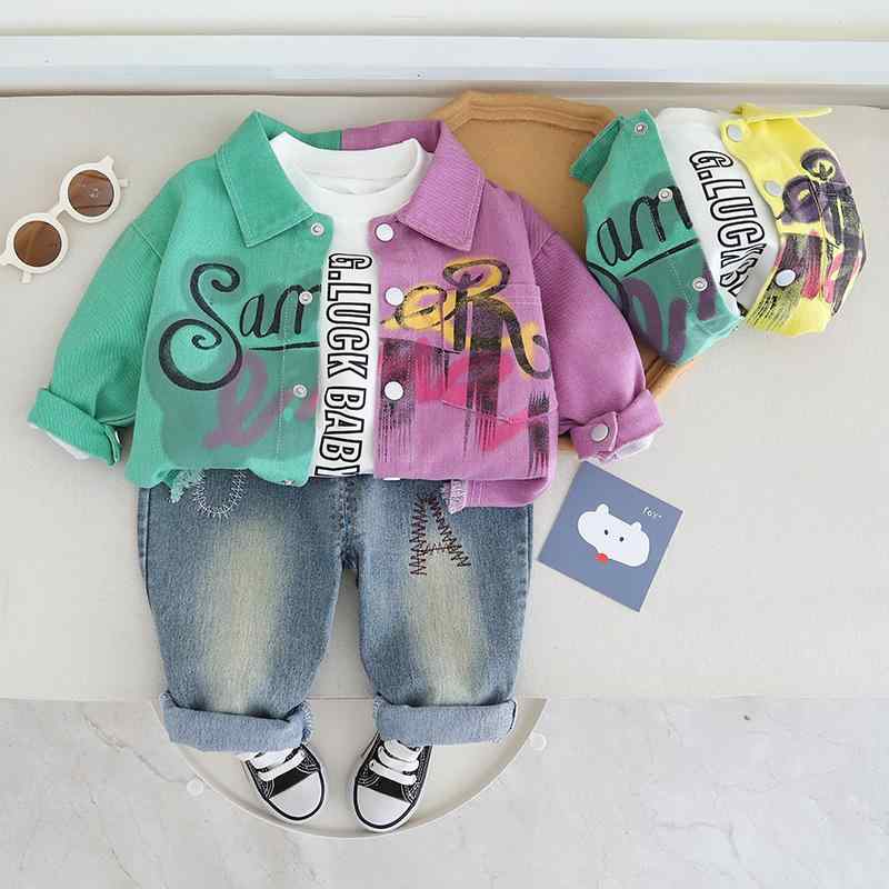 キッズ 男の子 セットアップ 春秋 長袖 開襟 デニム 落書き風 ジャケット アルファベット柄 インナー ..
