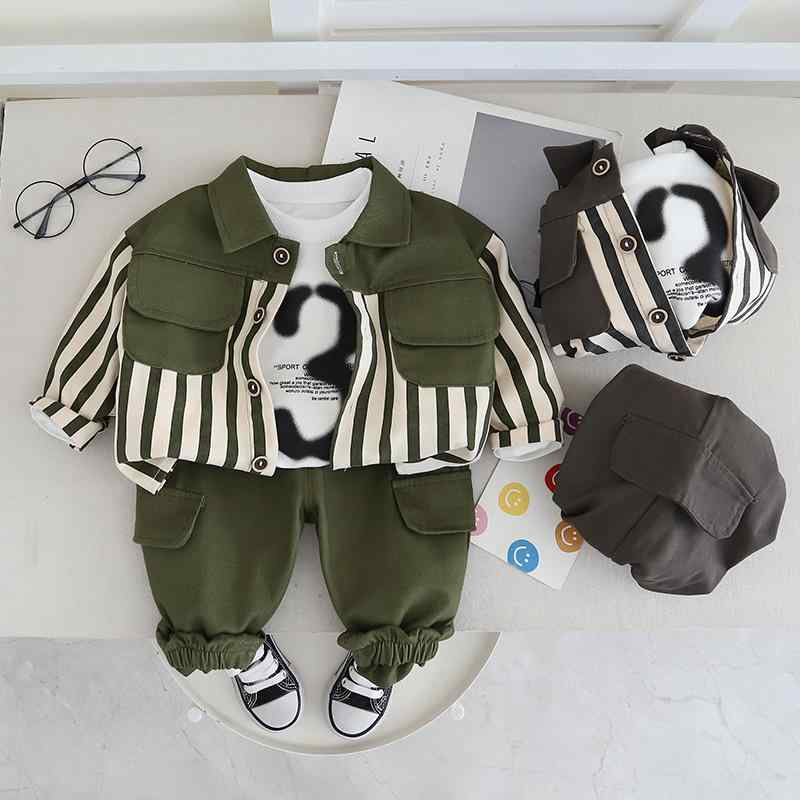 セットアップ 男の子 1歳 2歳 3歳 4歳 5歳 春秋 かっこいい カジュアル 切り替え ストライプ ポケット カーディガン 3点セット 綿95% 柔らかい肌触り 普段着 部屋着 お出かけ