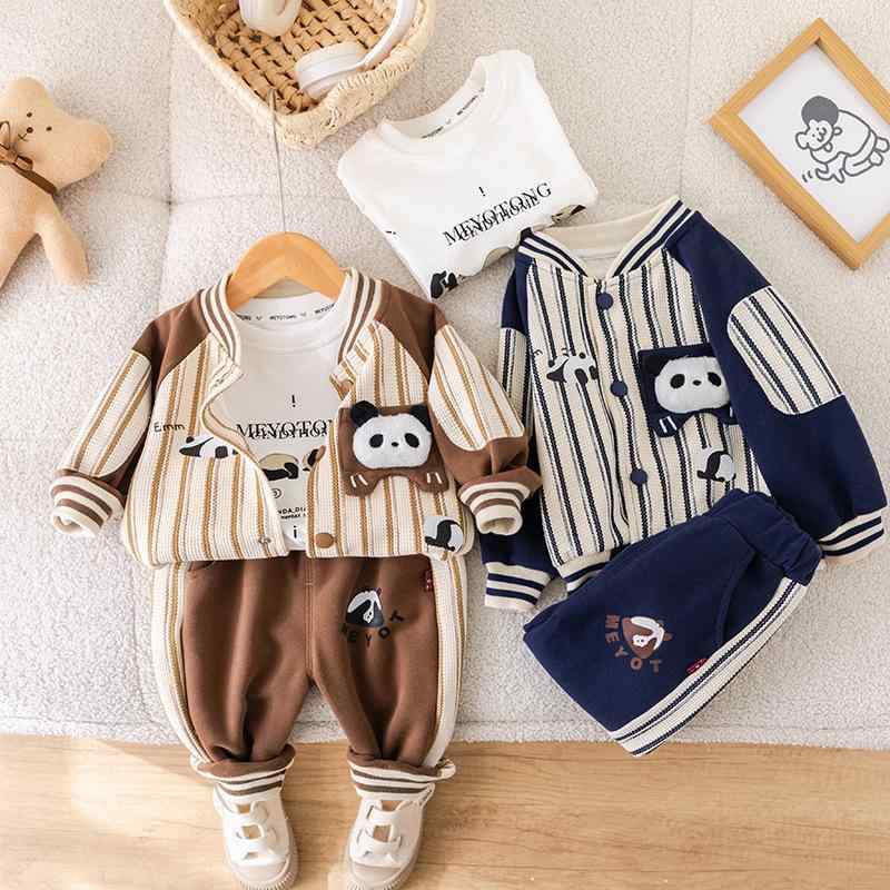 セットアップ キッズ 男の子 ソフトな肌触り パンダ キャラクター ストライプ 長袖 ベースボールウェア..