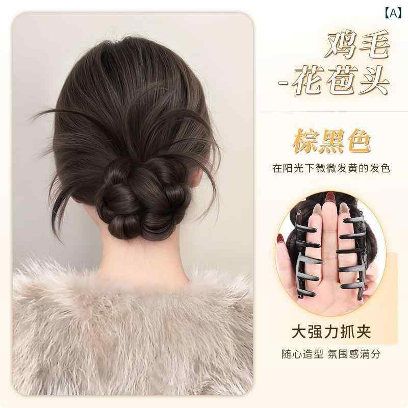 セキュアデポのお団子ウィッグ レディース 低め ボリューム感 自然な髪質 バンスクリップ ヘアゴム 付け毛 簡単装着 時短 まとめ髪 花形 シニヨン アップスタイル 通勤 お出かけ｜アングル2