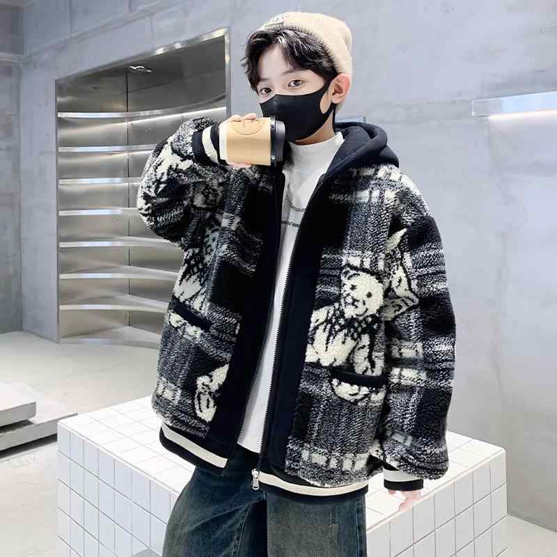 キッズ 男の子 アウター ジャケット コート 中綿ジャケット ボアジャケット 裏起毛 厚手 防寒 保温 もこもこ フード付き ミドル丈 カジュアル ジュニア 冬 冬物 柔らかい