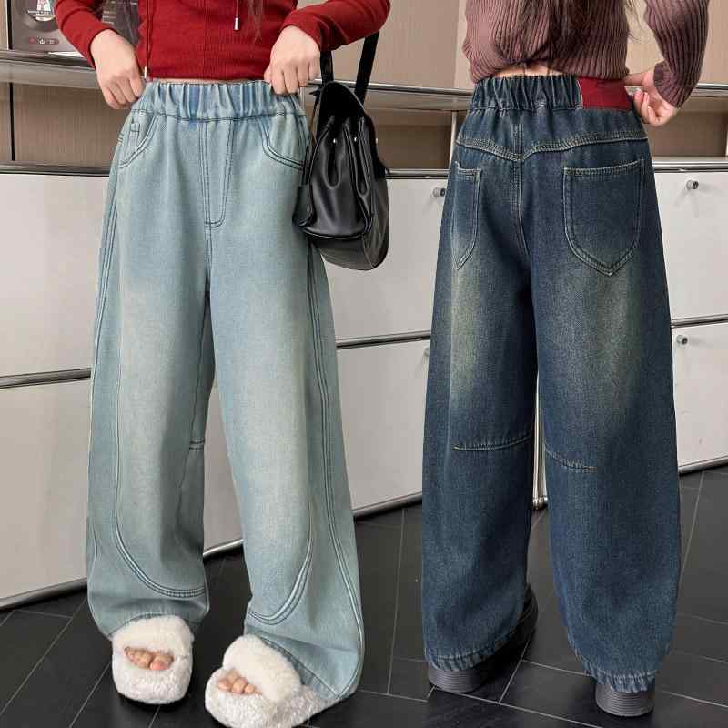 デニムパンツ 女の子 キッズ ジュニア 春秋 長ズボン コットン 柔らかい肌触り ウォッシュ加工 ウエス..