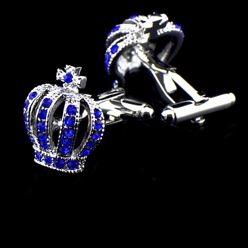 カフスボタン メンズ 青色 クリスタル 王冠モチーフ パヴェセッティング ラインストーン フォーマル ビジネス 結婚式 パーティー 上品 高級感 フレンチシャツ ダブルカフス用