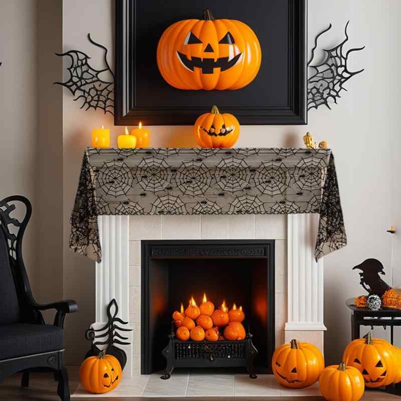 テーブルランナー ハロウィン 黒 ブラック レース 透かし彫り スパイダーウェブ柄 フレンチスタイル ポリエステル パーティー デコレーション 飾り付け