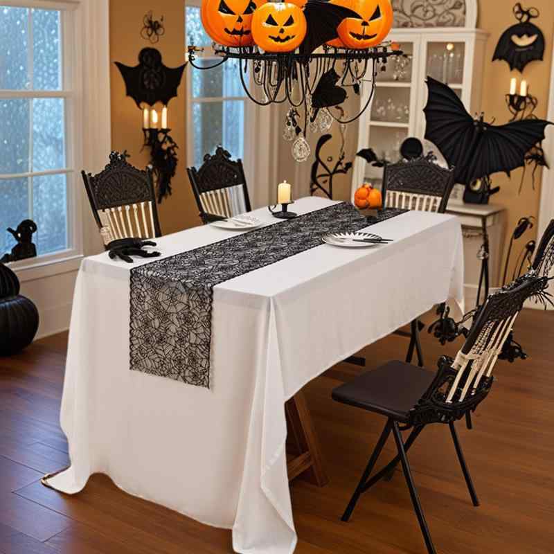 テーブルランナー テーブルクロス ハロウィン イベント おしゃれ レース 透かし彫り 黒 アメリカンデザイン 蜘蛛の巣 ゴーストハンド 骸骨 パーティー装飾 食卓飾り ポリエステル製