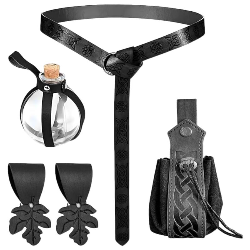 コスプレ小物 中世風 レザー スチームパンク 魔法 バイキング ベルトポーチ ポーションボトル 型押し ハロウィン イベント 仮装 衣装 プロップ セット ブラック ブラウン ユニセックス 男女兼用