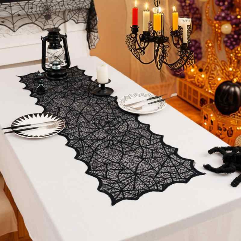 テーブルランナー ハロウィン ブラック クモの巣柄 透かし彫り カットワーク ポリエステル製 パーティー イベント デコレーション ホラー装飾 ダイニングテーブル 雰囲気作り 店舗ディスプレイ 洗える お手入れ簡単