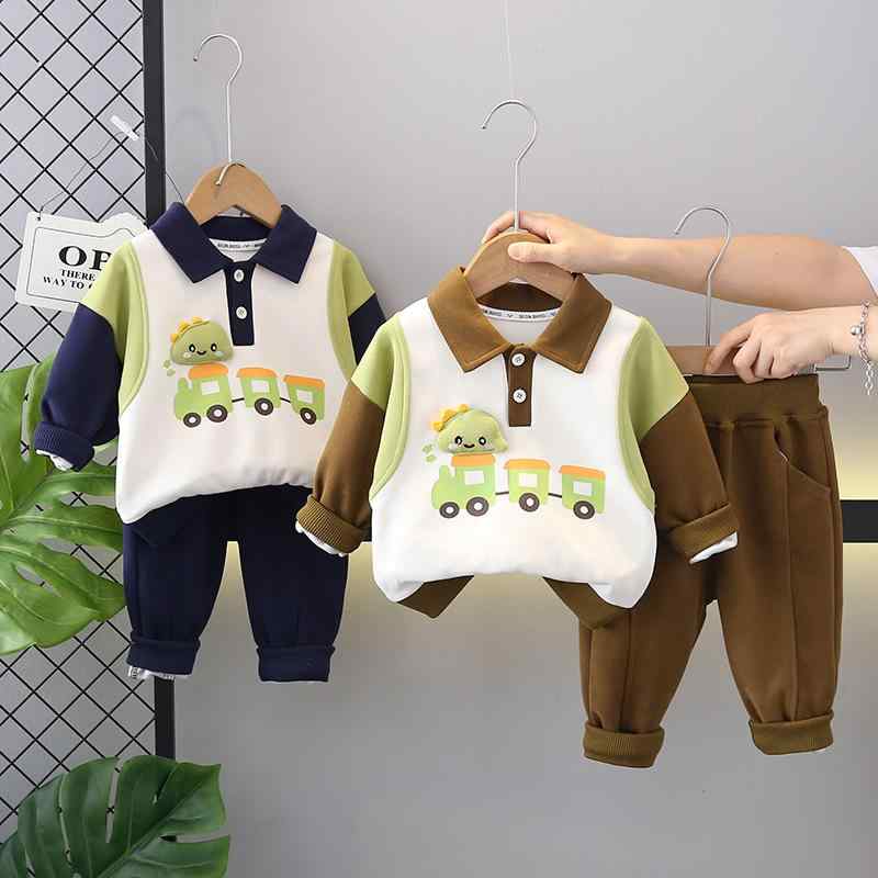 キッズ 男の子 セットアップ 柔らかい肌触り 韓国風 おしゃれ 電車 キャラクター ポロ襟 切り替え スウ..