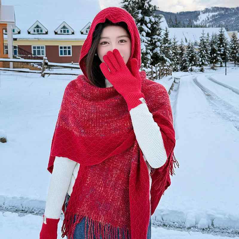 Rakuten - ショール レディース 秋冬 暖かい カシミヤタッチ ニット プルオーバー ポンチョ ケープ エスニック フリンジ 羽織り おしゃれ 着回し 旅行 写真撮影 レッド