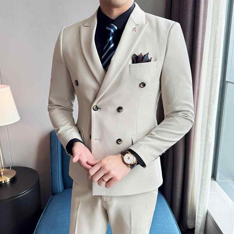 Other - スーツ メンズ ダブルブレスト 無地 スリーピース スリムフィット 結婚式 フォーマル ビジネス 通勤 カジュアル セットアップ ジャケット ベスト パンツ グレー ブラック ベージュ
