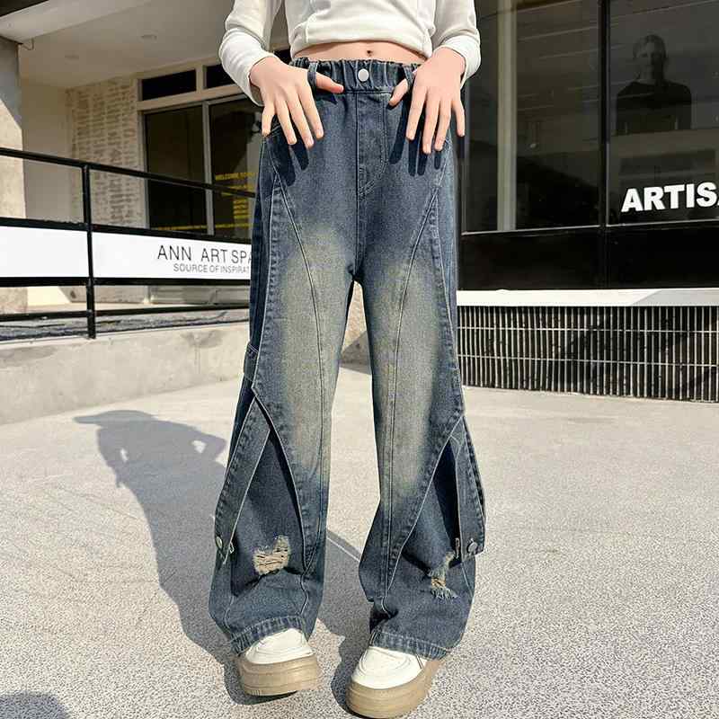 デニムパンツ 女の子 キッズ アメリカン レトロ ハイストリート トレンド 個性的デザイン ワイドパンツ 春夏 カジュアル 柔らかな肌触り ウエストゴム ミドルウエスト コットンブレンド