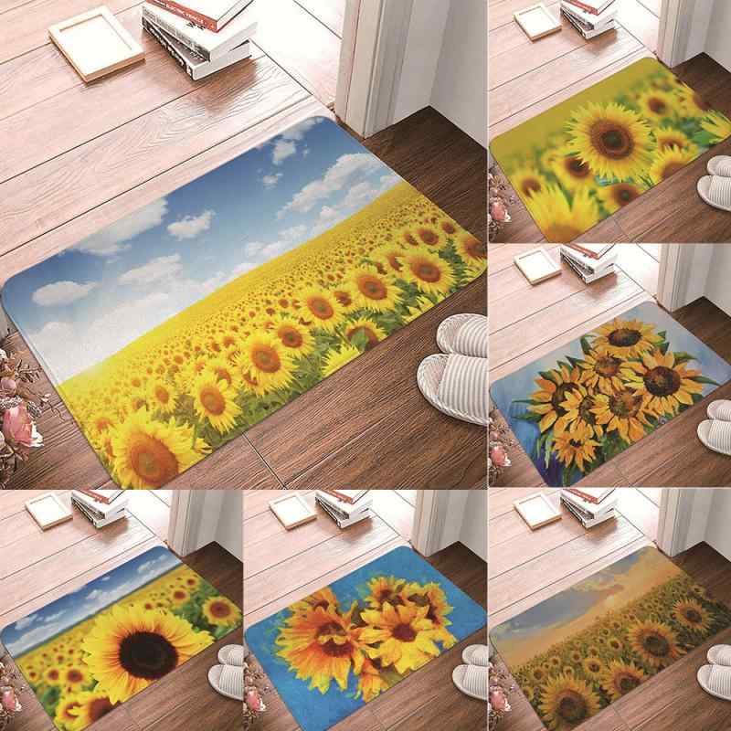 ラグ ひまわり 油絵 デジタルプリント 花柄 滑り止め 洗濯機洗い可 家庭用 玄関 リビング 寝室 足元マ..