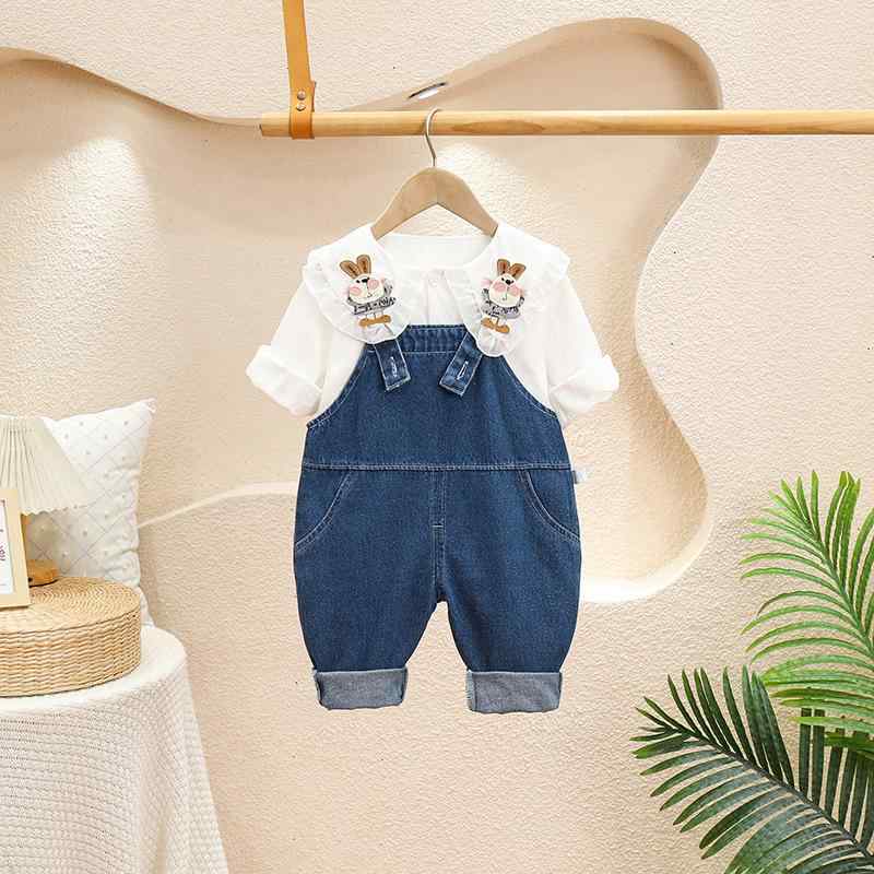 子供服 女の子 キッズ セットアップ 春秋 綿100％ 安心安全 うさぎ襟シャツ デニム オーバーオール サロペット ベビー 普段着 お出かけ 80 90 100cm