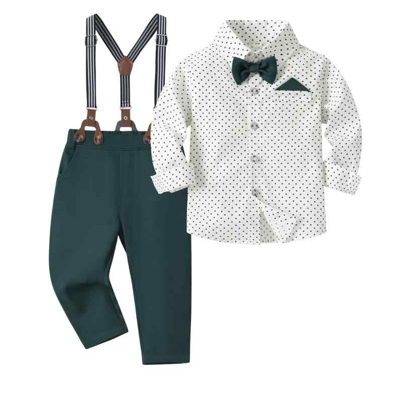 ・性別: 男児・スタイル: 欧米風・セットタイプ: パンツセット・セット内容: 服・対象年齢: 幼児(1〜3歳、80〜100cm)・袖丈: 長袖・パンツ丈: 長ズボン・生地加工: 柔軟加工・厚さ: 普通・柄: ドット・写真: 実写モデルなし・デザイン要素: セットアップ、サスペンダー、蝶ネクタイ、欧米風・主な生地素材: 綿98%・安全基準: Aクラス・開閉様式: シングルブレスト・色: ダークグリーン・対応身長: 90cm、100cm、110cm、120cm、130cm・カテゴリ: 子供服セット