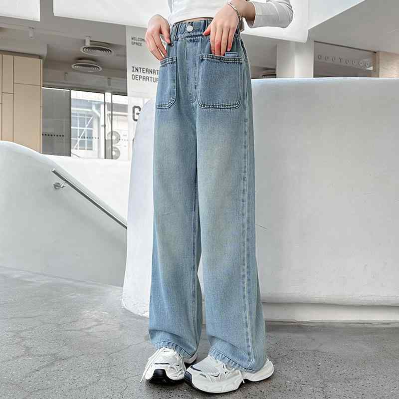 デニムパンツ ガールズ 小学生 中学生 春秋 ゆったり ワイドシルエット カジュアル 着回し おしゃれ ロ..