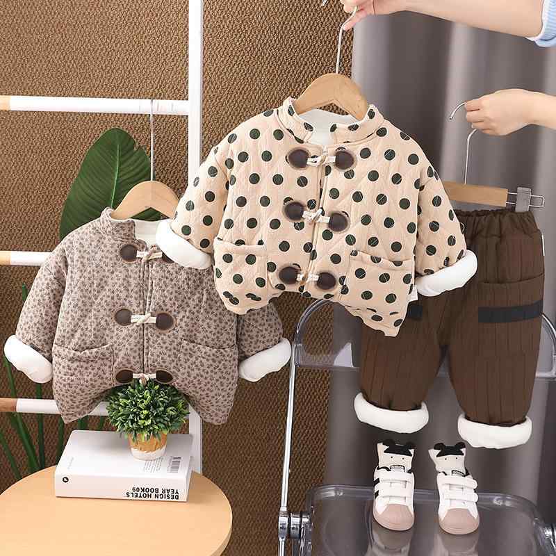 ベビー 男の子 1-3歳 80-120cm カジュアル セットアップ 秋冬 暖かい 保温性 厚手 中綿入り 上下2点セット ドット柄 トグルボタン 長袖 ロングパンツ 股開き 柔らか加工 フードなし 子供服