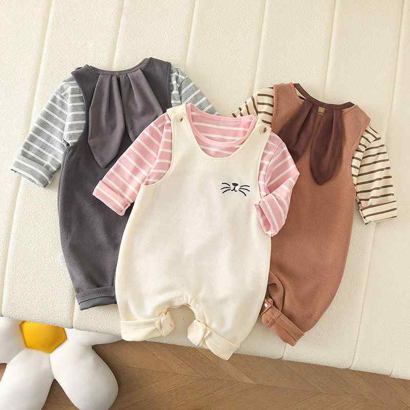 ベビー 女の子 長袖 ミンクフリース コットン 春秋冬 ストライプ うさ耳 サロペット パンツセットアップ カジュアル お出かけ 1歳 2歳 3歳