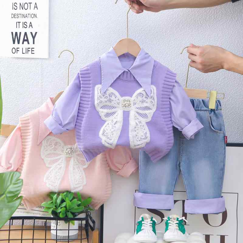 セットアップ 女の子 ベビー パンツ コットン 春夏 韓国風 長袖シャツ 大きなリボン ベスト ジレ 3点セット 上下セット 柔らかい素材 パープル ピンク