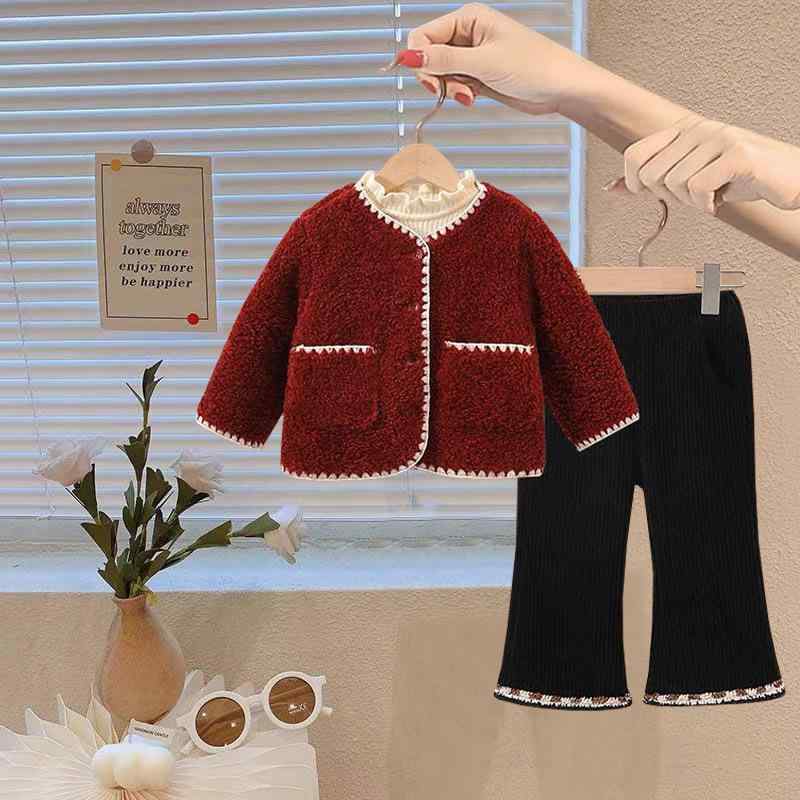 キッズ 女の子 ガールズ 秋冬 厚手 もこもこ ボア アウター 裏起毛 パンツ 上下セット 2点セット おしゃれ かわいい 柔らか 無地 韓国ファッション ポリ...