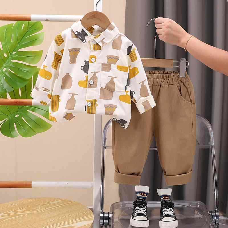 Top & Bottom Sets - キッズ 男の子 シャツ パンツ セットアップ 長袖 綿素材 柔らかい肌触り カップ総柄 ストリートカジュアル 春秋 ツーピース 80-120cm オフホワイト