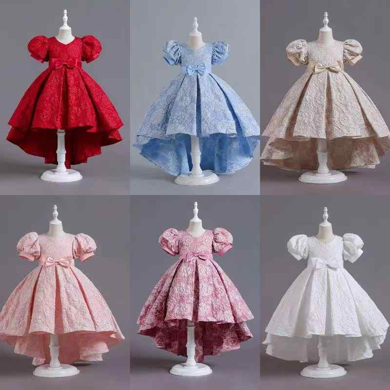 ワンピース 女の子 フォーマル 結婚式 ピアノ発表会 司会 演出 パフスリーブ トレーン付き ロング丈 プリンセス 欧米風 ポリエステル綿混 8歳以上 中大童 オールシーズン