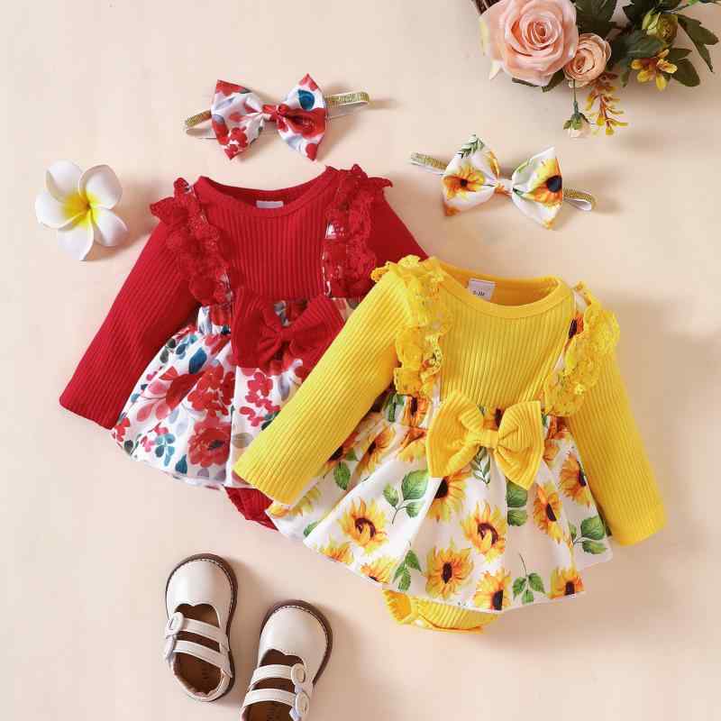 ロンパース ベビー 女の子 赤ちゃん 秋冬 欧米風 長袖 綿 コットン リブ編み 花柄 フラワープリント レースフリル 切り替え スカート風 カバーオール 肌触り良い 柔らかい 出産祝い プレゼント かわいい 普段着