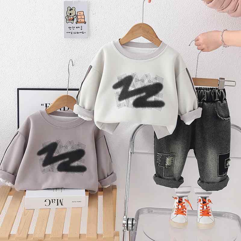 キッズ 男の子 トレーナー パンツ 上下セット 春秋 韓国風 落書き風 カーブデザイン ラウンドネック 長..