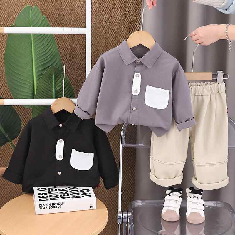 セットアップ キッズ 男の子 ベビー 春秋 韓国風 おしゃれ かっこいい シャツ パンツ 2点セット 綿 コットン 柔らかい 肌に優しい 長袖 長パンツ 普段着 通園 保育園 お出かけ 80 90 100cm グレー ブラック