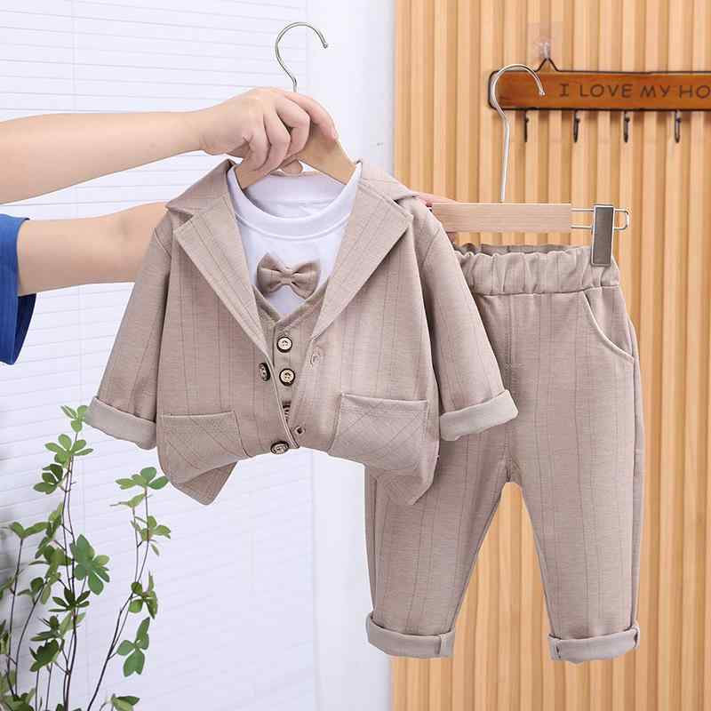 キッズ 男の子 韓国風 長袖 無地 蝶ネクタイ付き シングルブレスト コットン スーツ 3点セット 春秋 フォーマル 結婚式 発表会 入学式 卒業式 七五三 ベビー 幼児 カーキ ダークグレー 80 90 100cm