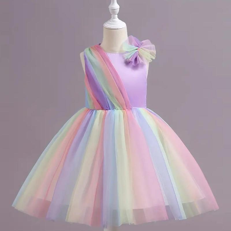 ドレス 女の子 キッズ 七色グラデーション アシンメトリー チュール フォーマル 発表会 演奏会 結婚式 パーティー 欧米 スウィート かわいい