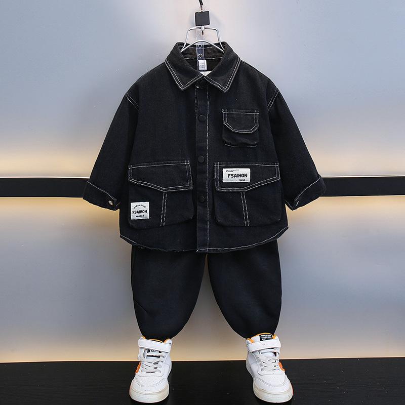 デニムシャツジャケット 男の子 キッズ 秋 韓国風 アクセントステッチ 立体ポケット 長袖 カジュアル ..