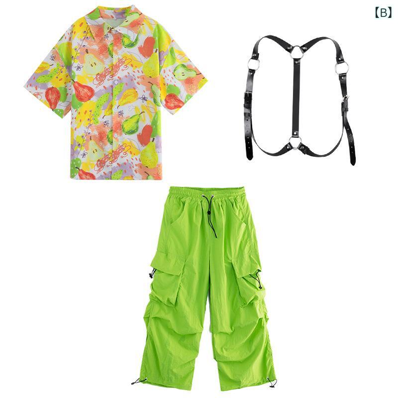 キッズ 男の子 セットアップ ストリートダンス ヒップホップ ダンス衣装 発表会 運動会 ドラム チームウェア 小学生 ジュニア 春秋 コットン カラフル フルーツ柄 半袖 Tシャツ グリーン 長パンツ