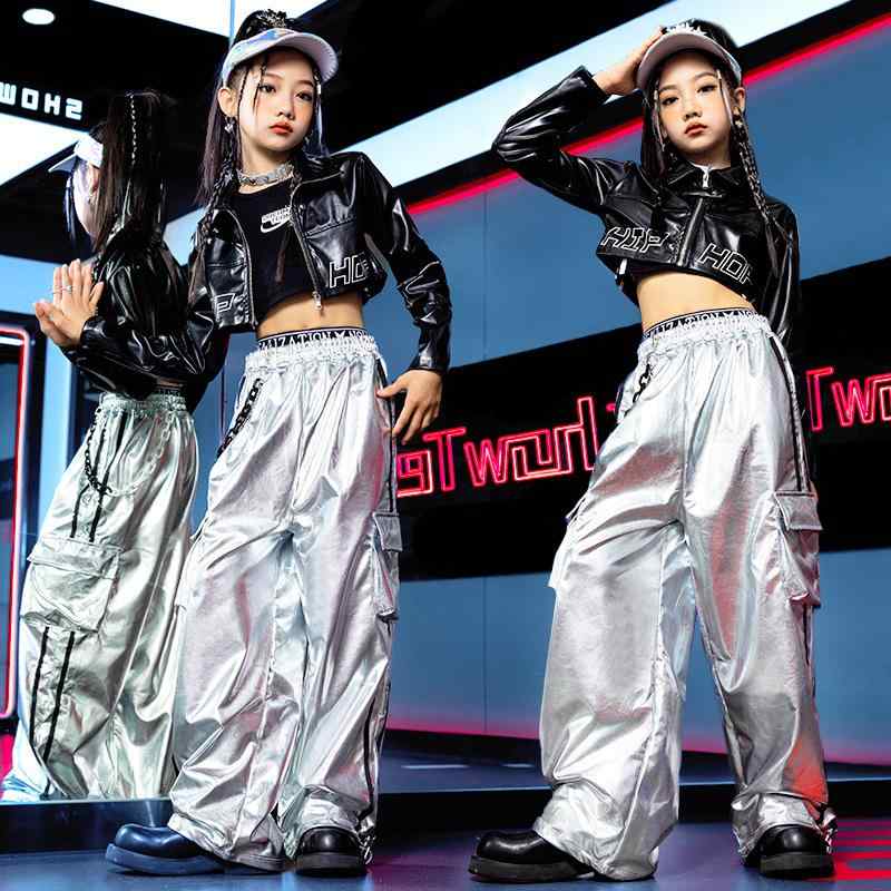 キッズダンス ウェア ガールズ ヒップホップ ジャズ 発表会 舞台 ステージ レッスン着 韓国風 おしゃれ かわいい トレンド コットン セットアップ ブラック シルバー 春秋