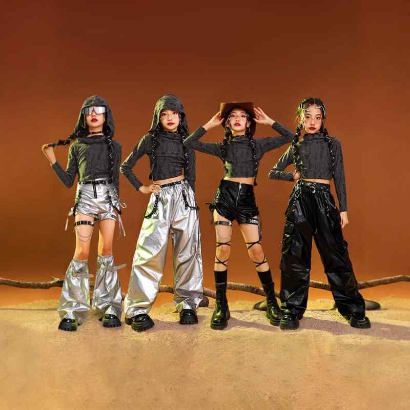 キッズ 女の子 ダンス衣装 ヒップホップ ジャズ ストリート フード付き シルバーフェイクレザー エッジィ セットアップ 発表会 舞台服 春秋