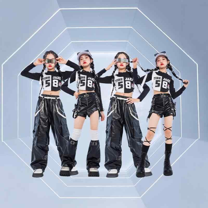 キッズダンス衣装 女の子 ジャズ ストリート 発表会 ステージ パフォーマンス ガールズグループ K-POP アイドル ライダースタイル 光沢 エナメル調 フェイクレザー おしゃれ トレンディ