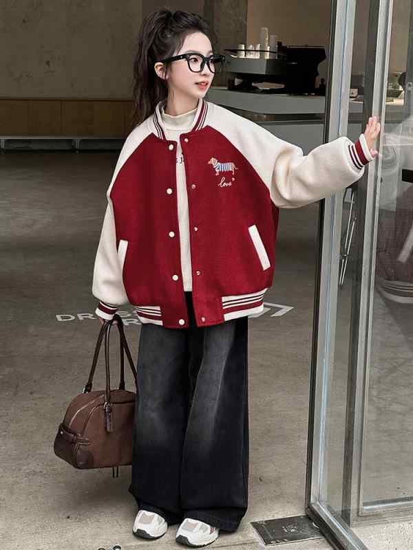 ジャケット 女の子 中綿入り 厚手 保温性 メルトン調 スタジャン 韓国風 おしゃれ ラウンドネック ジュ..