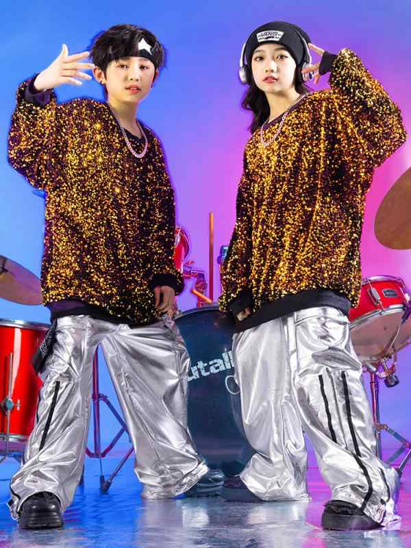 ダンス衣装 キッズ ジュニア 男の子 女の子 ヒップホップ ストリート 舞台衣装 ドラム 演奏会 発表会 スパンコール 黄色 シルバー レザーパンツ ポリエステル おしゃれ