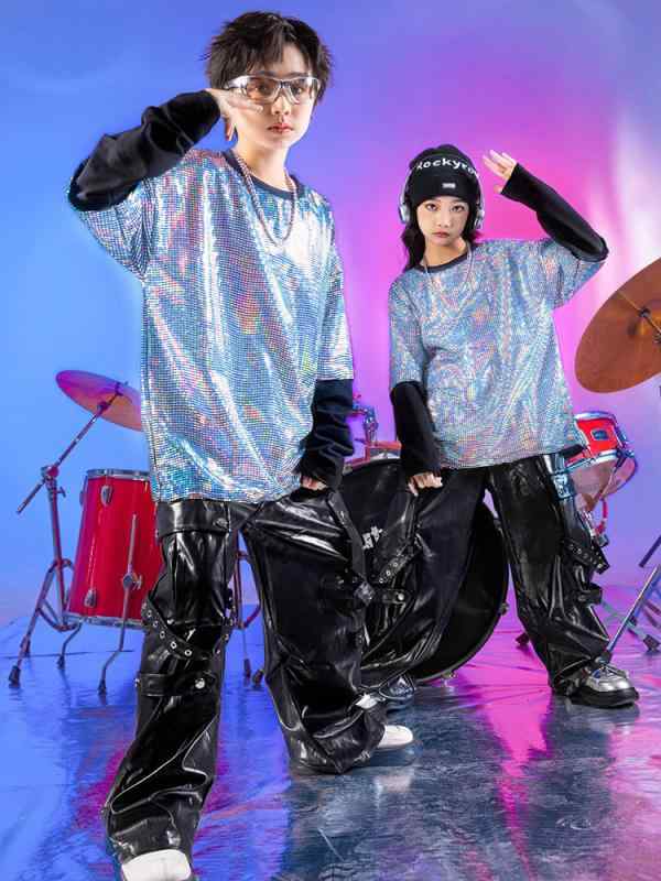 キッズ 女の子 ダンス衣装 ヒップホップ ジャズ ブレイクダンス ドラム 発表会 ステージ パフォーマンス レッスン着 光沢 PUレザー調 ジュニア ファッションショー モデル