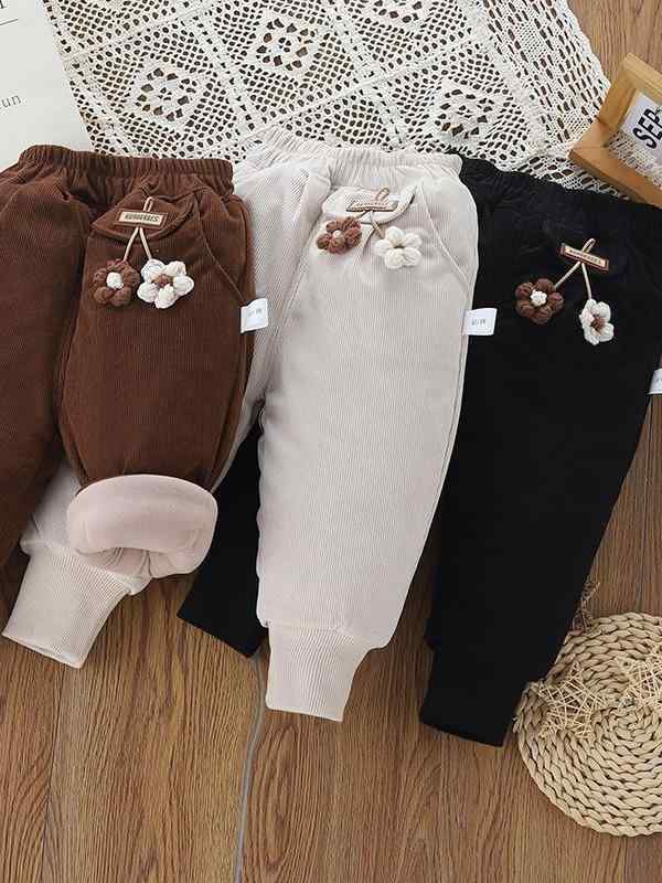 パンツ キッズ 女の子 秋冬 厚手 裏起毛 コーデュロイ カジュアル ロング お出かけ おしゃれ 立体小花柄 綿素材 ミドルウエスト 韓国風 ベージュ ブラック ブラウン