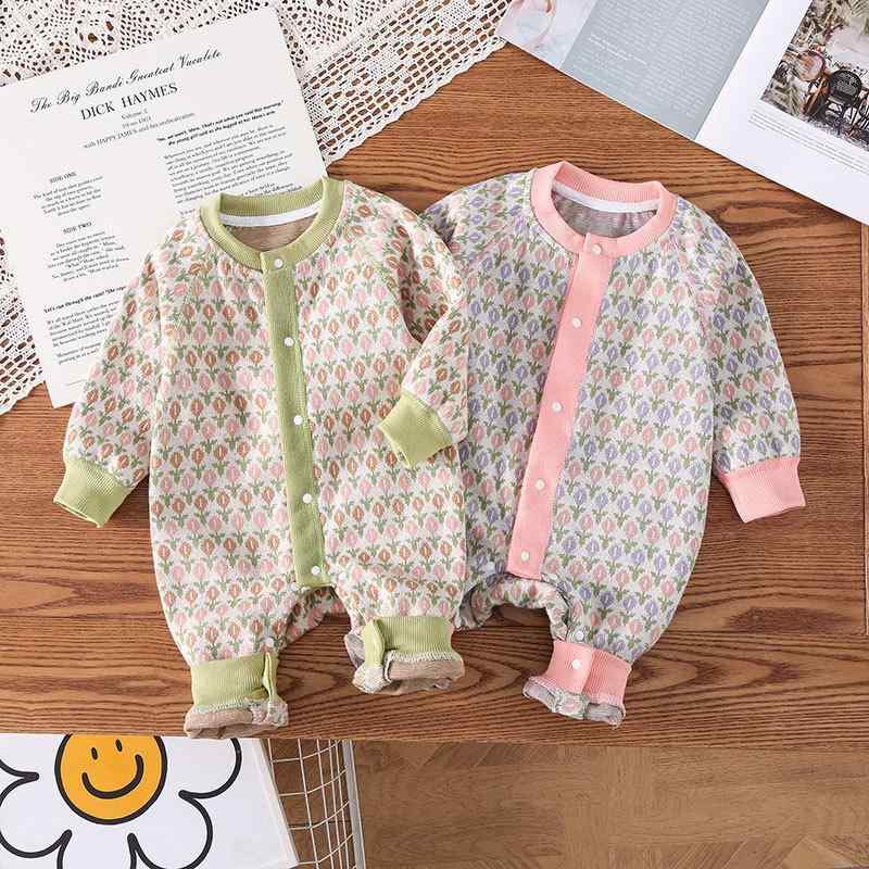 ロンパース ベビー 男女兼用 新生児 春秋 長袖 ジャガード織り ニット 編み物 ひまわり柄 花柄 ジルコ..