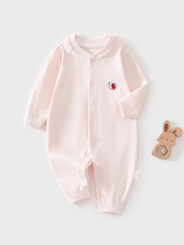 ・主な素材: 綿100%・対象年齢: 新生児(0～1歳、80cm以下)・性別: ユニセックス・袖丈: 長袖・厚さ: 普通・留め具: ボタン・スタイル: カジュアル・デザイン: ロンパース・カラー展開: ピンク（リンゴ柄）、イエロー（パイナップル柄）、グリーン（ナシ柄）、パープル（キノコ柄）・カテゴリ: ロンパース、カバーオール