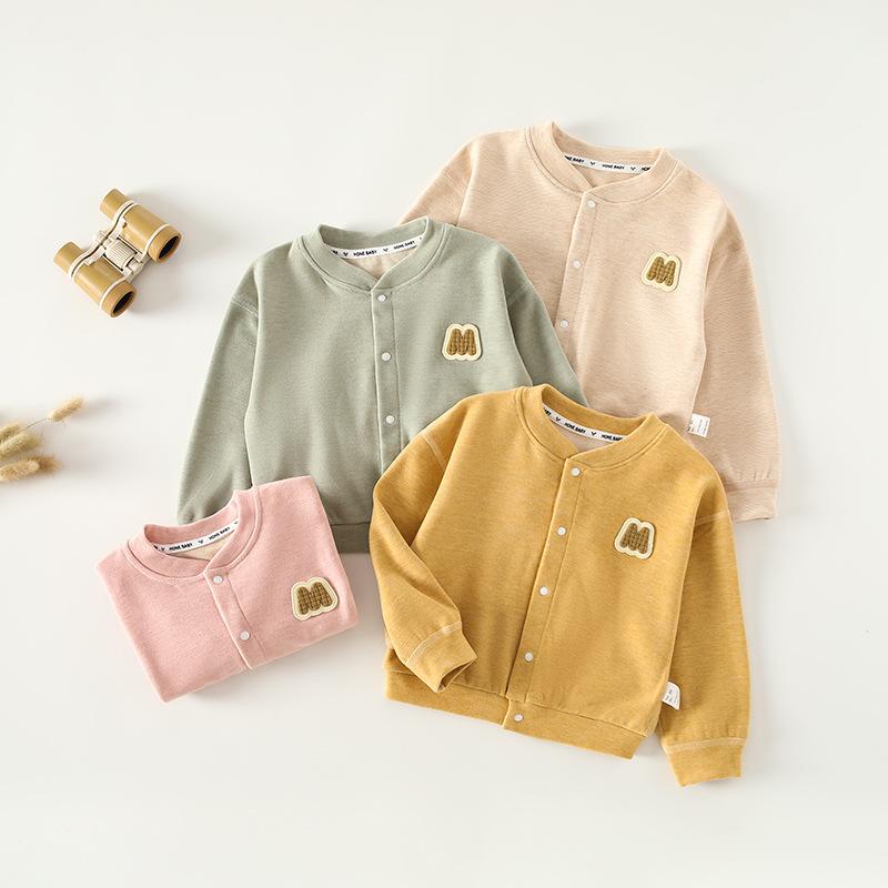 ベビー キッズ 男の子 女の子 裏起毛 保温 あったか インナー 肌着 ノーカラー カーディガン 羽織り 部屋着 パジャマ お出かけ ポリエステル 秋冬 単品 80 90 100 110 120cm