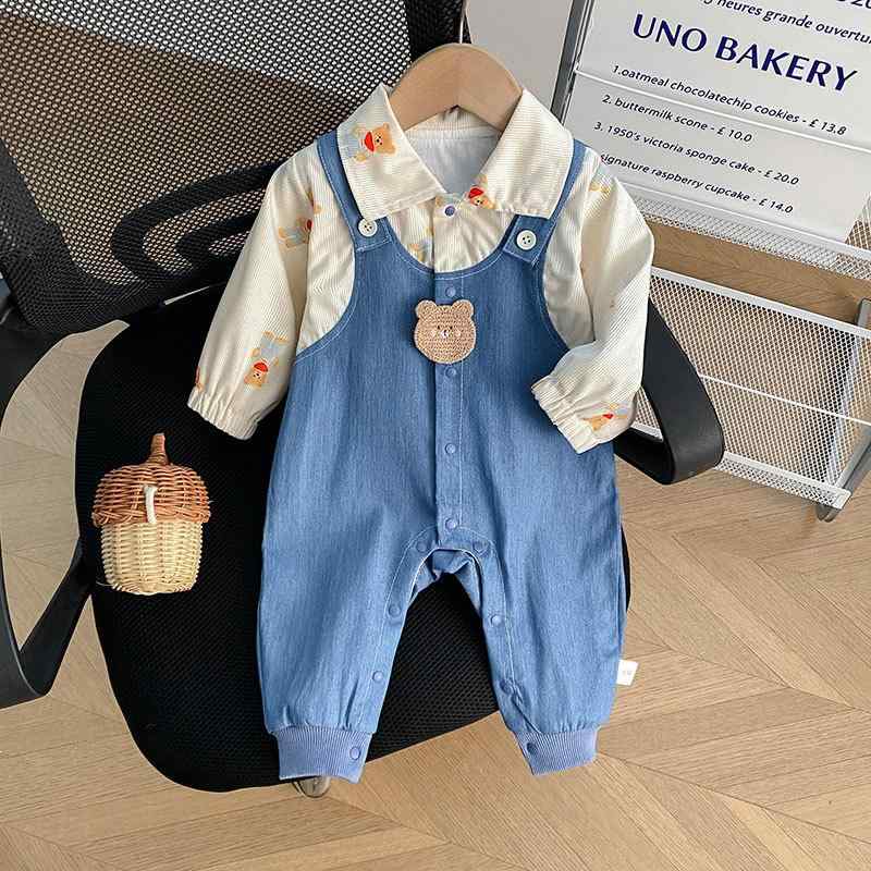 ベビー ロンパース 男女兼用 韓国風 デニム風 重ね着風 切り替え クマ 長袖 厚手 前開き スナップボタ..