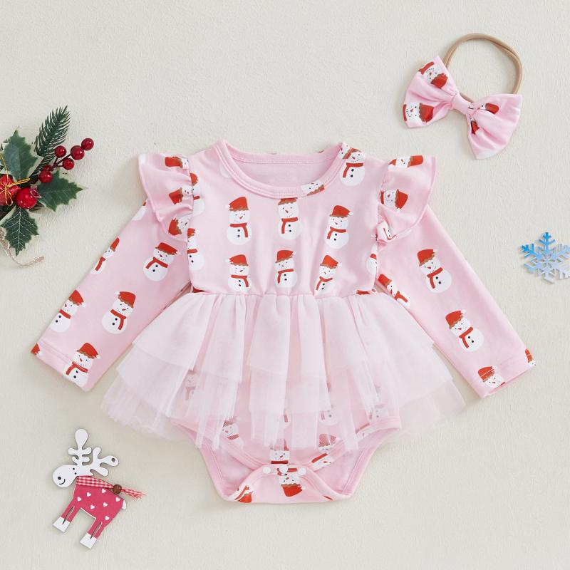 ロンパース 女の子 ベビー キッズ ニット 長袖 綿混 秋冬 クリスマス 雪だるま ピンク まるい チュールスカート ワンピース風 かわいい スナップボタン カバーオール 普段着 幼児服