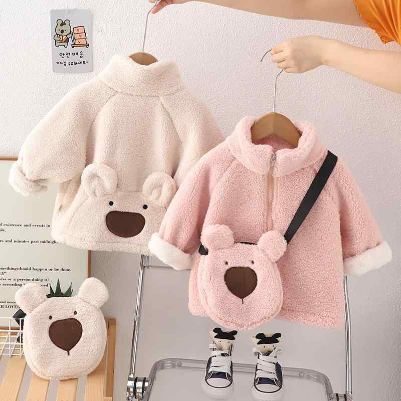 キッズ ベビー 男の子 女の子 男女兼用 裏起毛 厚手 もこもこ ボア 冬物 アウター ジャケット カーディガン ジップアップ 襟付き フードなし キャラクター くま プリント カジュアル ソフトタッチ ミドル丈