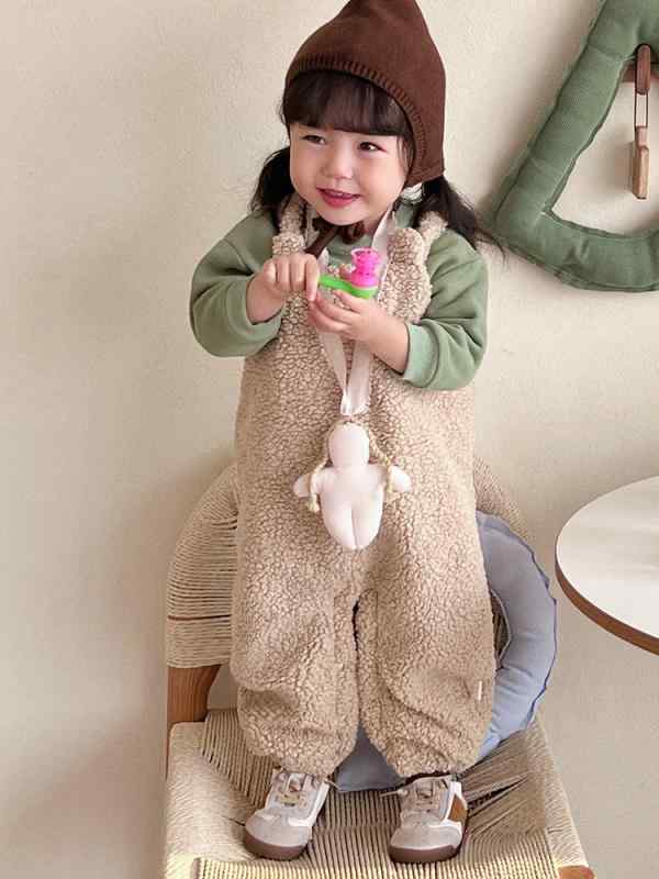ベビー服 女の子 オーバーオール サロペット ロンパース 長ズボン シープボア 羊毛フリース 防寒 暖か..