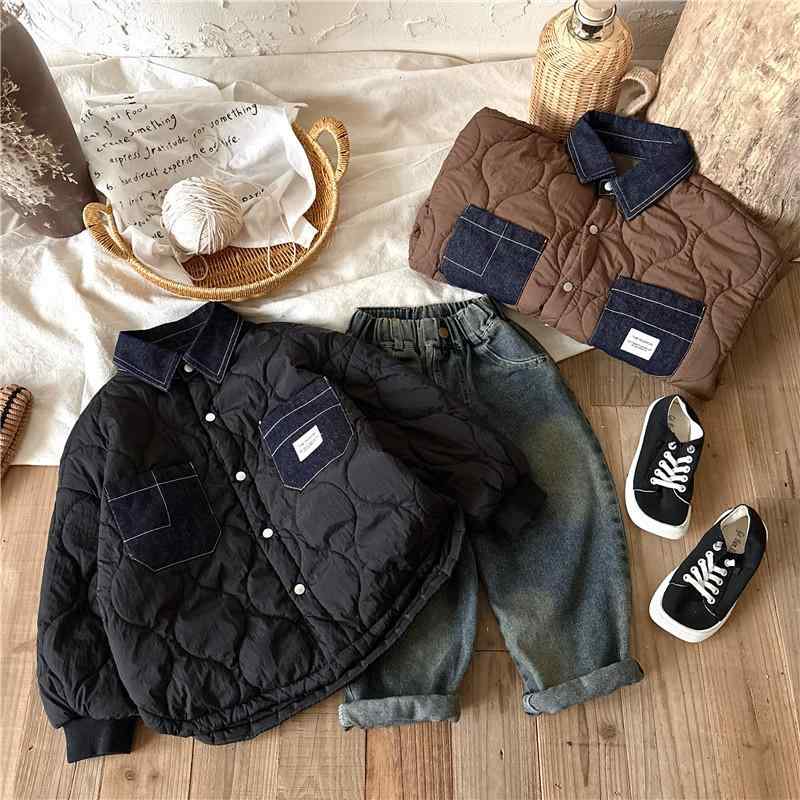 ジャケット キッズ ベビー 男の子 女の子 ユニセックス 中綿入り 格子柄 デニム襟 綿素材 長袖 秋冬 柔..