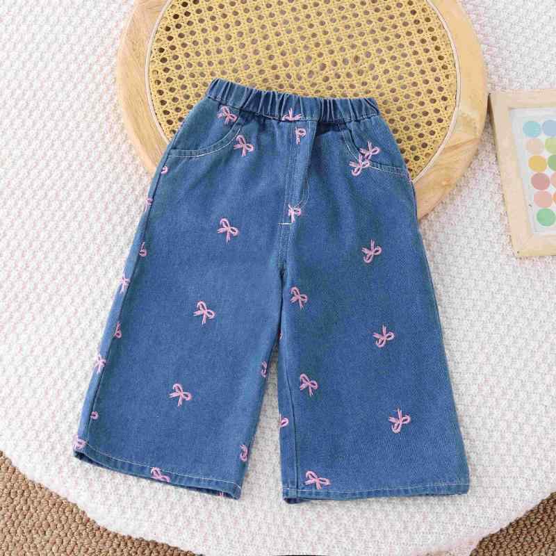 デニムワイドパンツ キッズ 女の子 春秋 ブルー 韓国風 カジュアル 刺しゅう ピンク 蝶々 ロング丈 綿1..