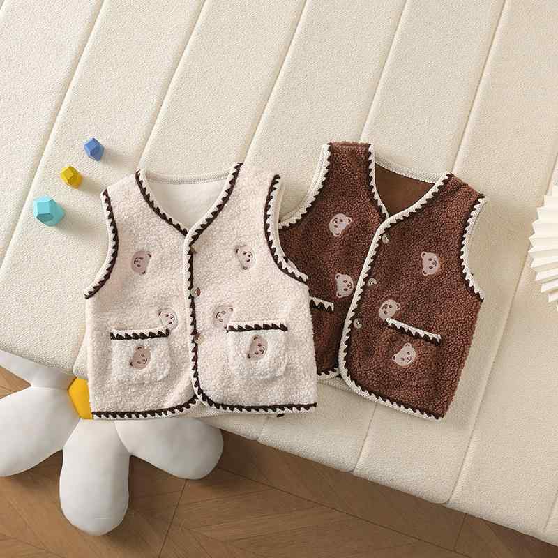 ベスト 女の子 裏起毛 ボア 防寒 暖かい 刺繍 ダブルポケット くま 秋冬 アウター 重ね着 普段着 通園..